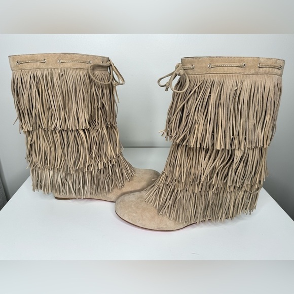 Christian Louboutin Pina Tan Suede Flat Fringe Wedge Boots- Boho Chic - Picture 9 of 10